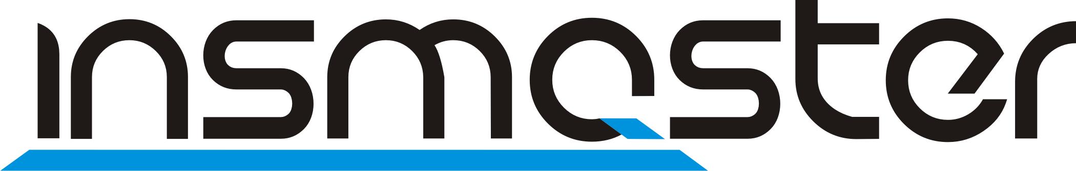 Czarno-białe logo firmy InsMaster z niebieskim akcentem i poziomą linią u dołu.